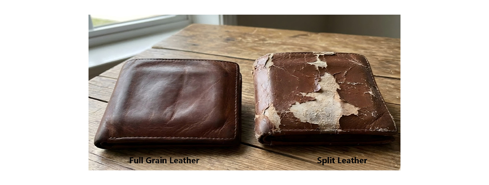 Aging comparison of full-grain leather bag developing rich patina versus split leather bag showing coating degradation over time