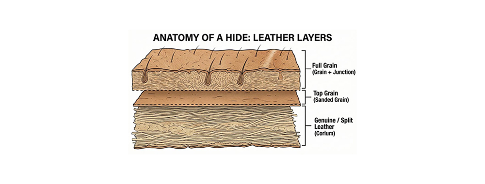 Cross-section diagram of full-grain leather showing intact top grain layer with tight fiber structure