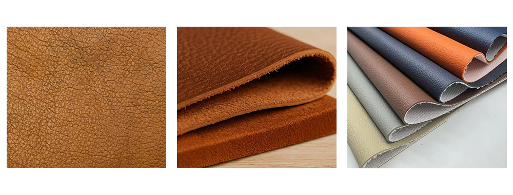 From left to right full grain cowhide, two-layer cowhide, PUPVC leather
