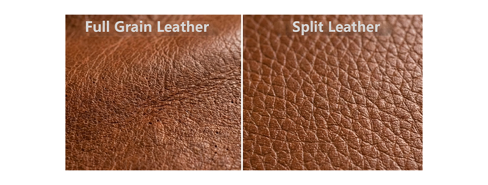 Macro photography showing natural grain pattern on full-grain leather versus uniform embossed pattern on split leather