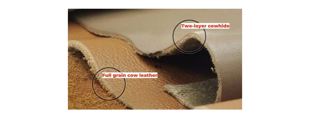 Side-by-side comparison table of top-grain vs split leather properties for bag manufacturing