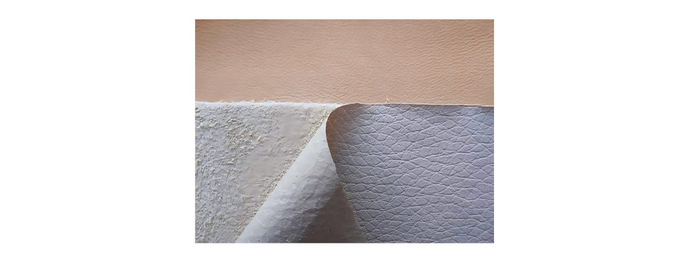 Split leather cross-section showing looser fiber structure with artificial coating layer on top
