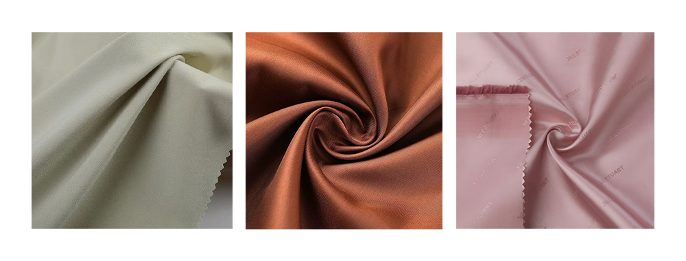 From left to right plain weave polyester, twill weave polyester, and jacquard polyester