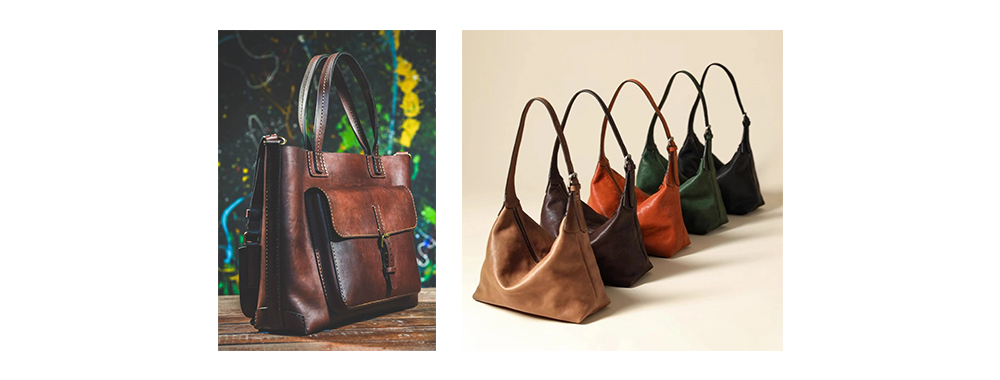 On the left is a vegetable tanned leather bag, and on the right is a chrome tanned leather bag